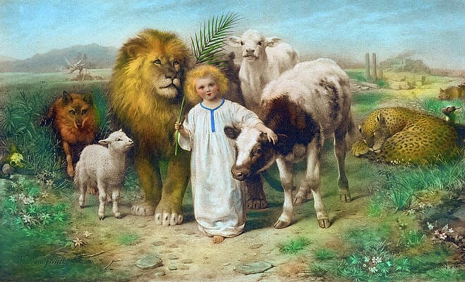 A child holding a plant next to animals Description automatically generated