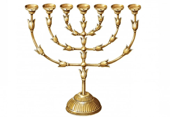 A gold colored menorah Description automatically generated