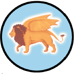 A lion with wings in a blue circle Description automatically generated